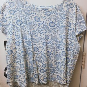 Blue and White Tee with Leaf and Floral Patterns